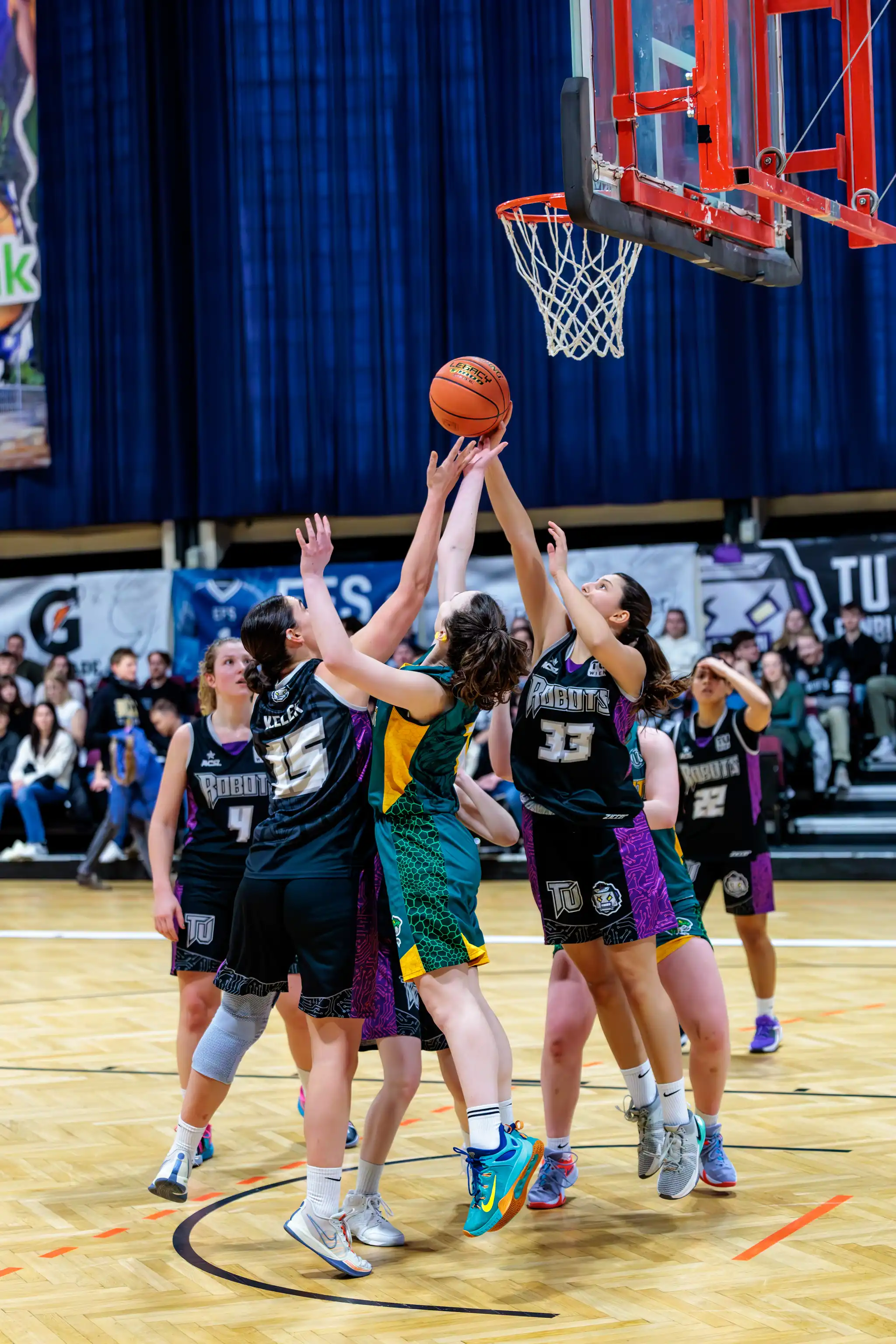 Drei weibliche Basketballspielerinnen springen energisch um den Ball unter dem Korb während eines Damenbasketballspiels. Sie tragen Teamtrikots in Schwarz-Lila und Grün-Gelb