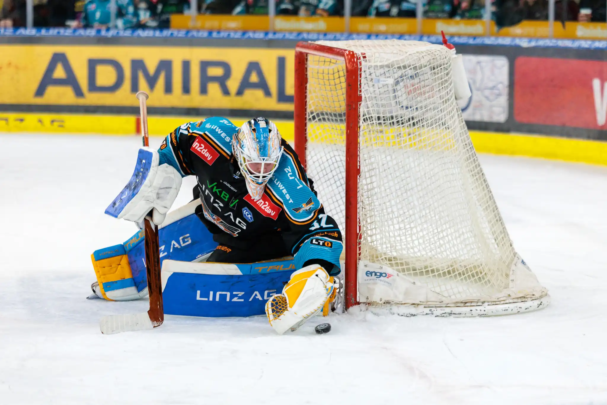 Eishockey-Goalieder Black Wings Linz wehrt einen Puck vor dem Tor auf dem Eis ab