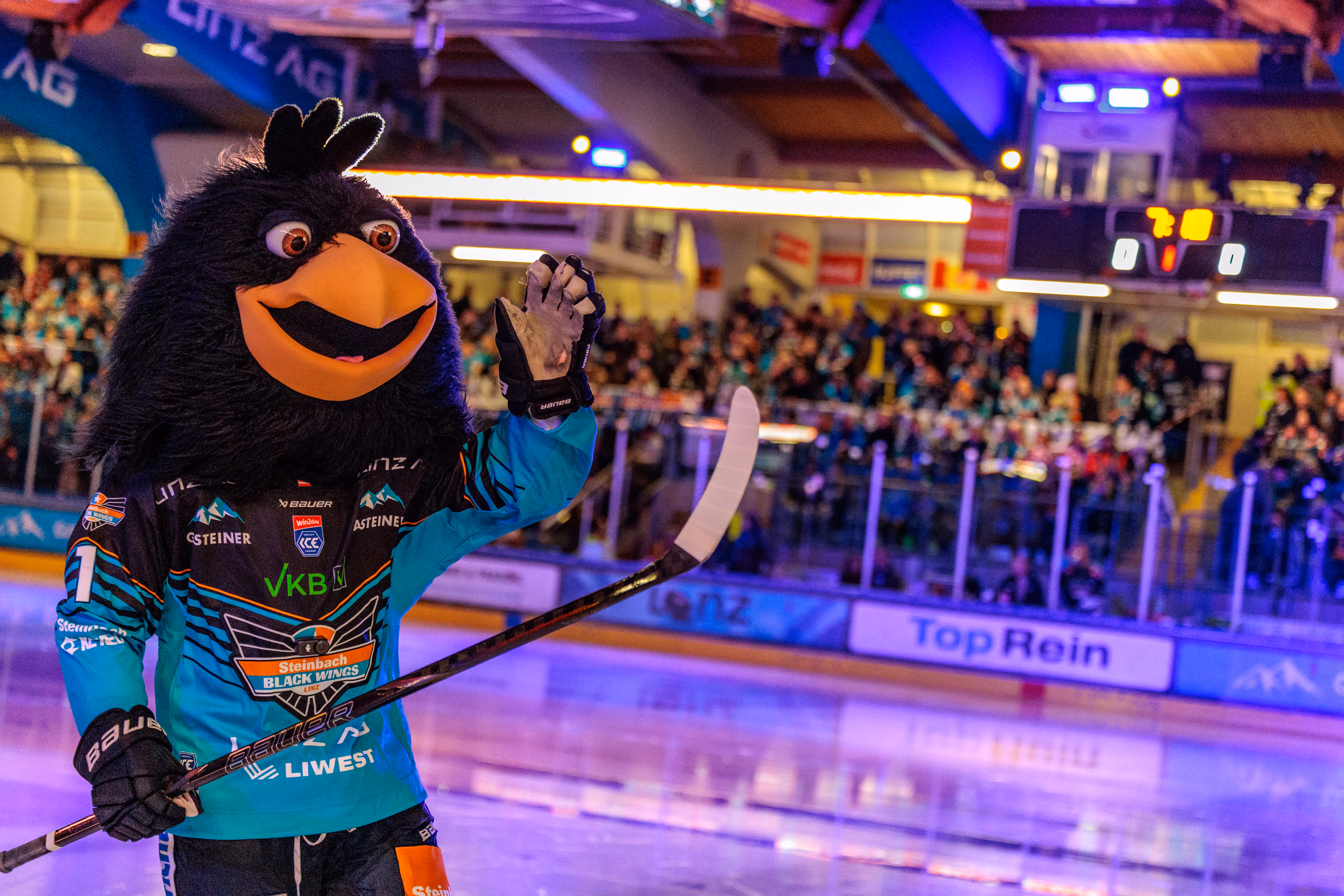 Das Maskottchen "Gonzo" der Steinbach Black Wings Linz steht in voller Eishockey-Montur auf dem Eis und winkt den Fans freundlich zu