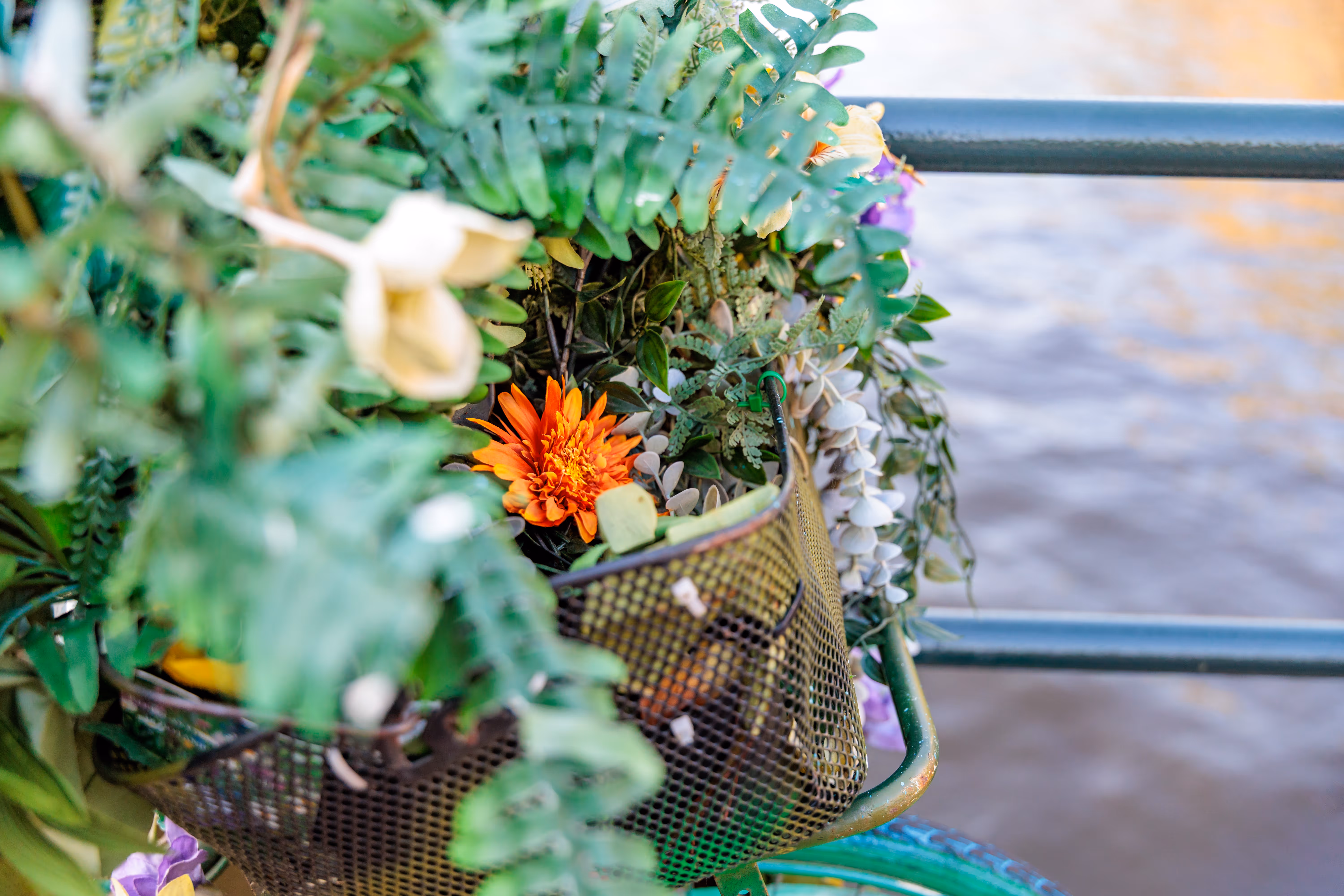 Buntes Blumenarrangement in einem Fahrradkorb, mit einer zentralen orangefarbenen Blüte, vor einem unscharfen Kanalhintergrund 