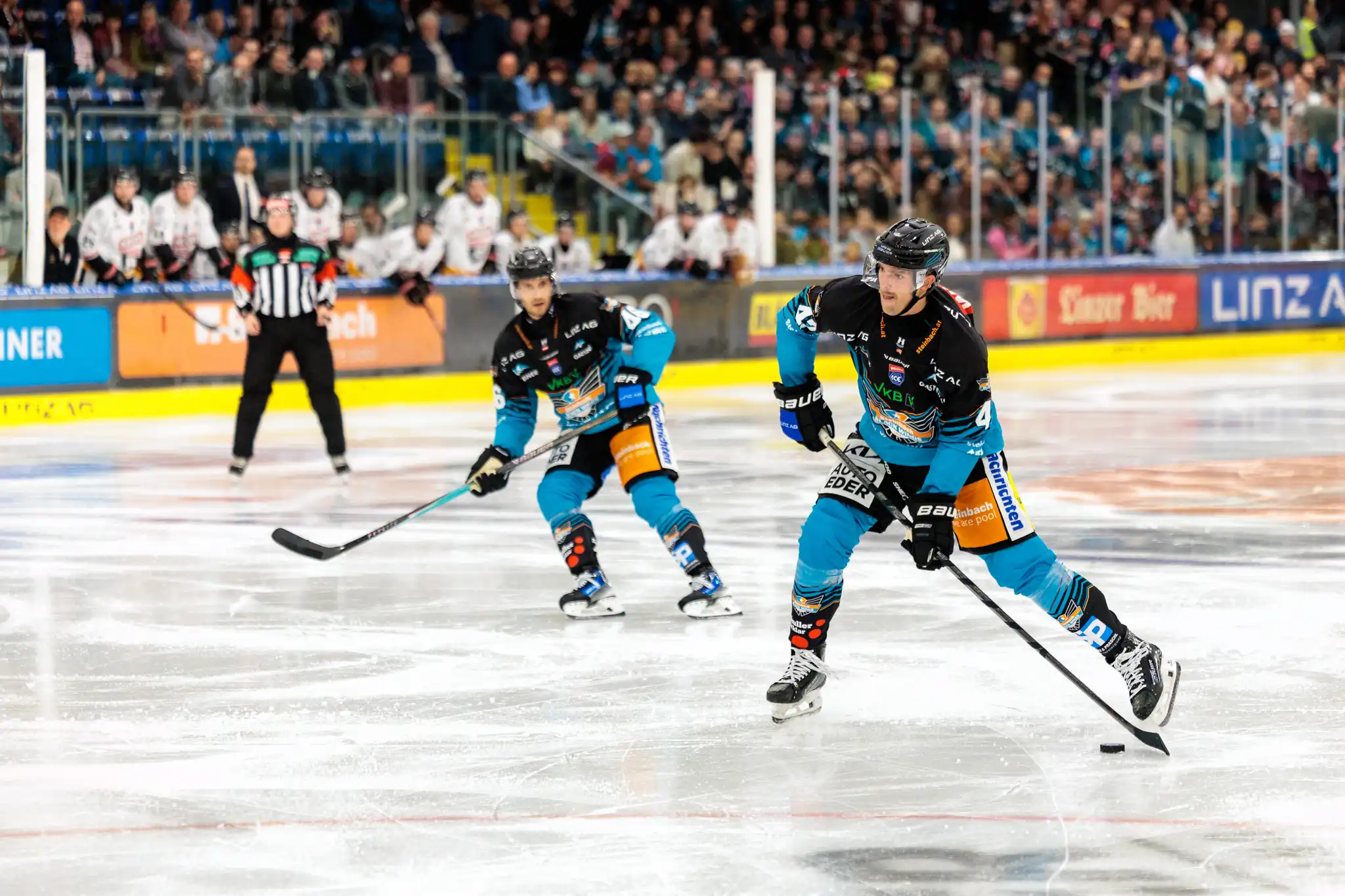 Eishockeyspieler Ryan MacKinnon der Black Wings Linz mit der Nummer 4 skatet mit dem Puck über das Eis während eines Spiels