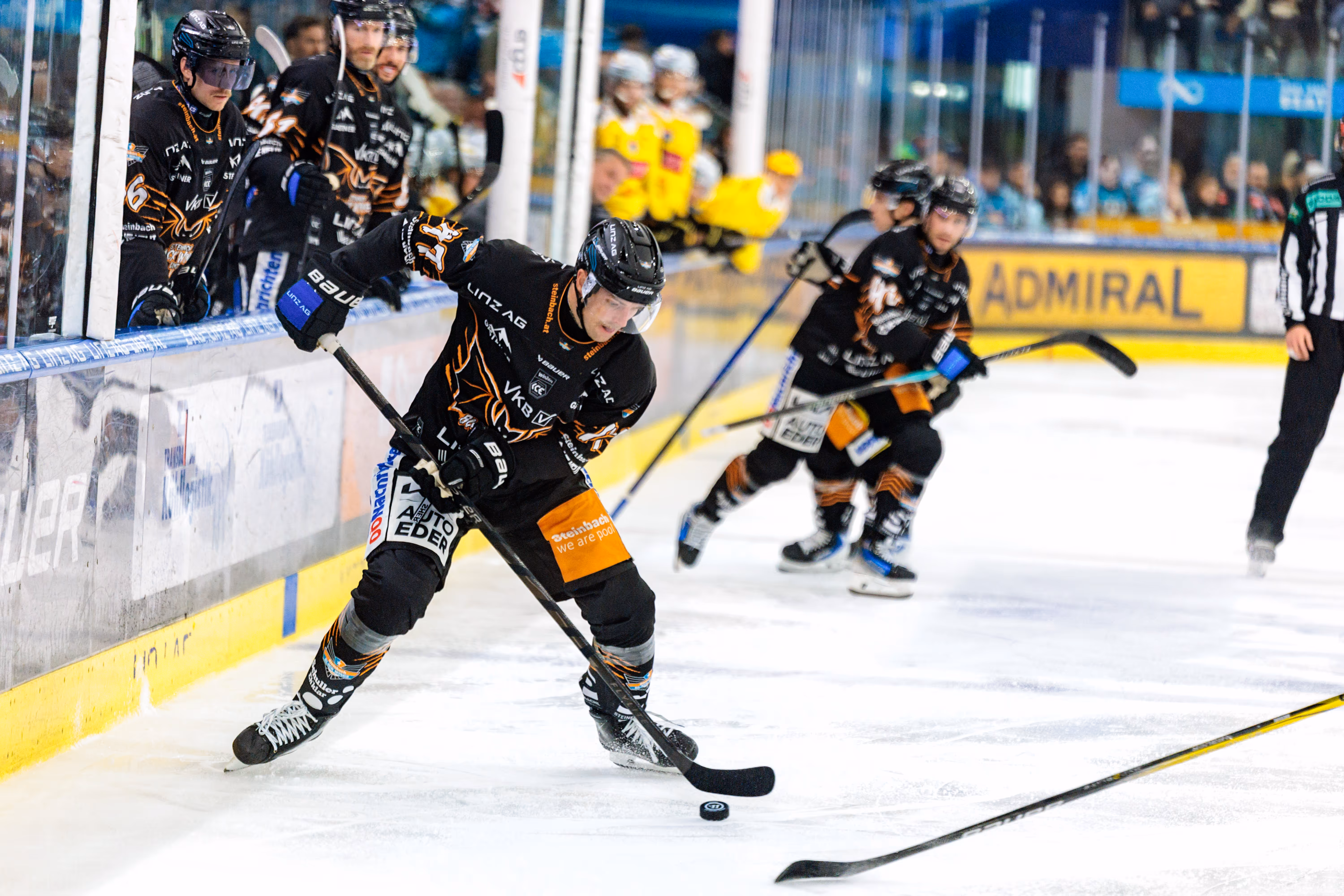 Travis Barron von den Black Wings Linz führt während eines Eishockeyspiels den Puck über das Eis