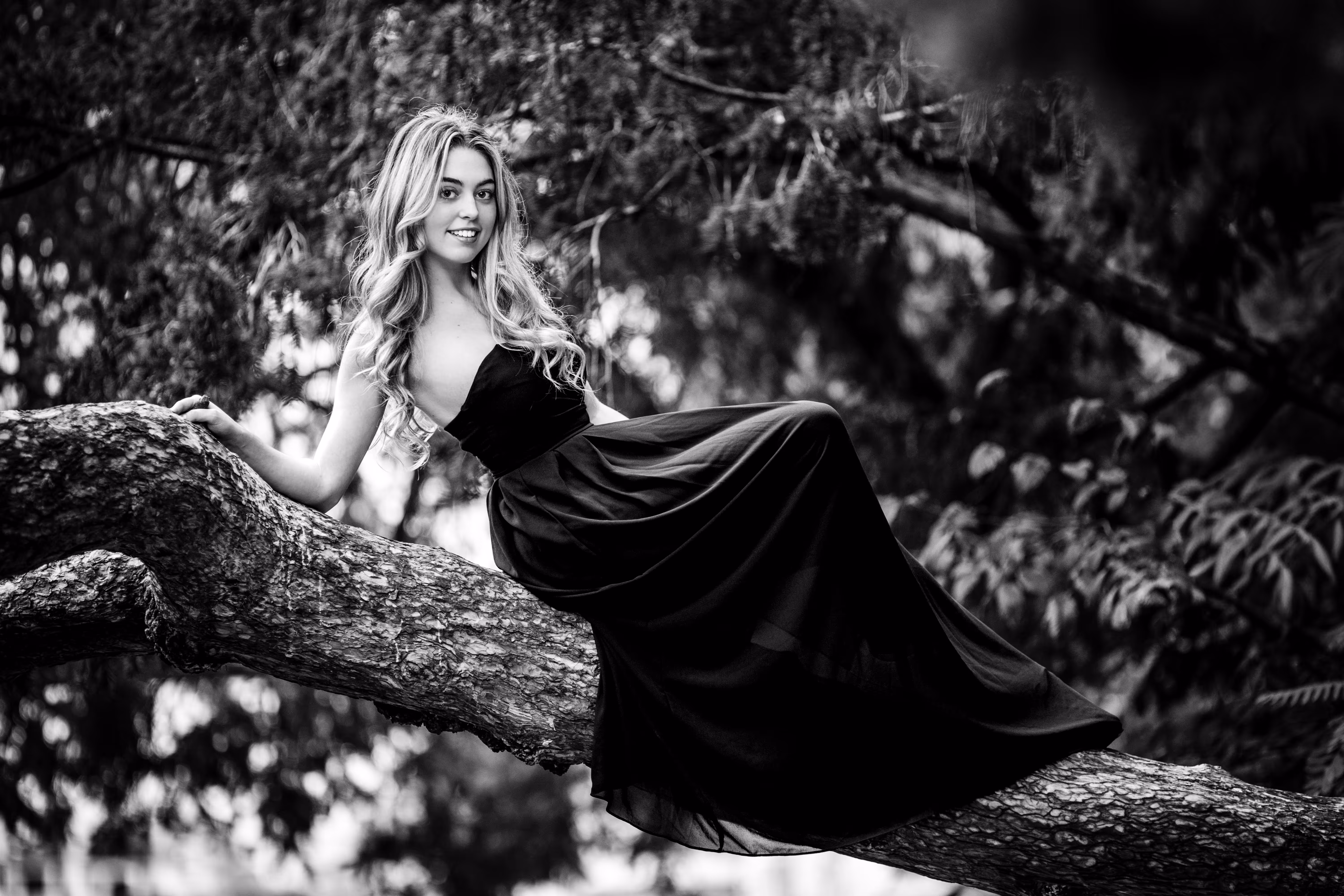 Model Valentina sitzt in einem eleganten, schwarzen Abendkleid auf dem Ast eines Baumes für ein ausdrucksstarkes Schwarz-Weiß-Porträt im Wiener Stadtpark